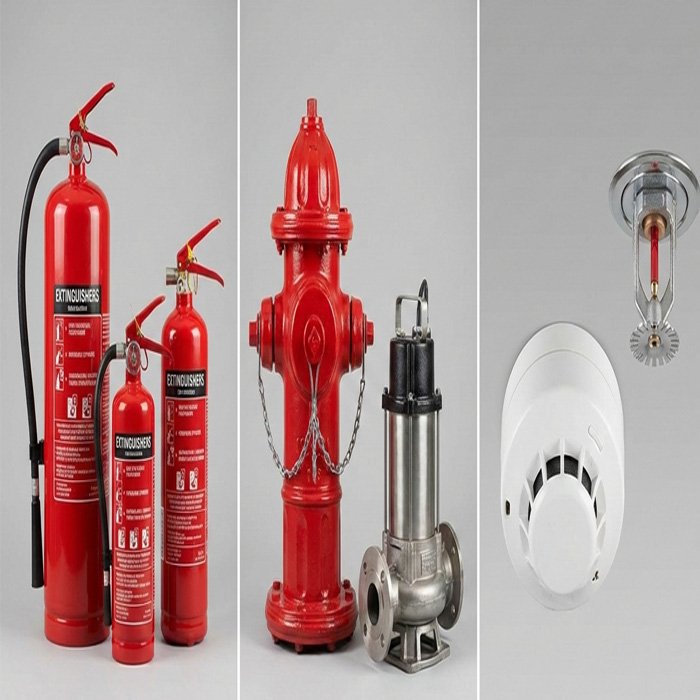Range of fire safety equipment including extinguishers, hydrants, pumps and detectors.