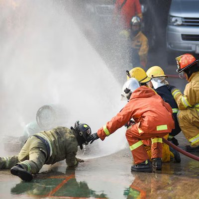 Fire safety trainer demonstrating fire extinguisher use during training and mock drill.