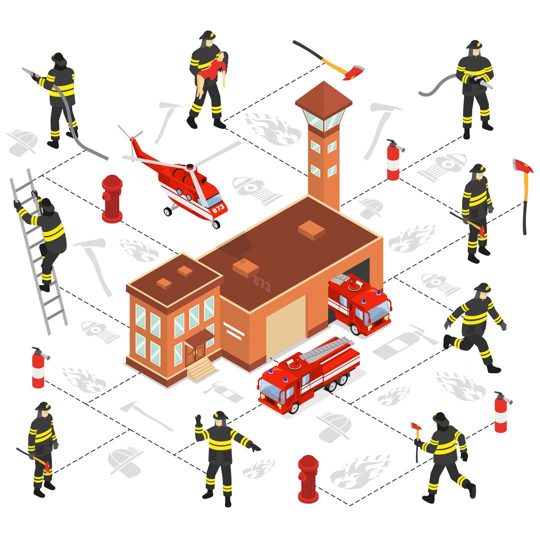 Diagram showing fire safety setup for an event with signage and extinguisher stations.