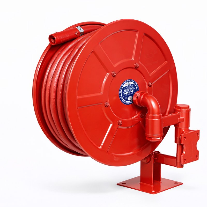 Swing type fire hose reel drum for wider firefighting coverage in corridors