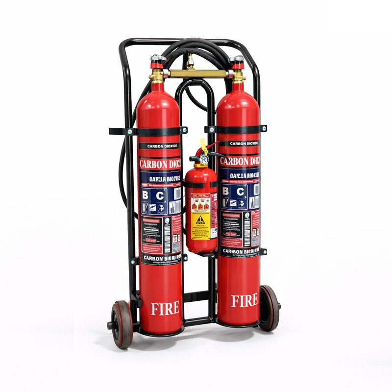 Twin trolley CO₂ fire extinguisher used for large industrial and warehouse fire risks