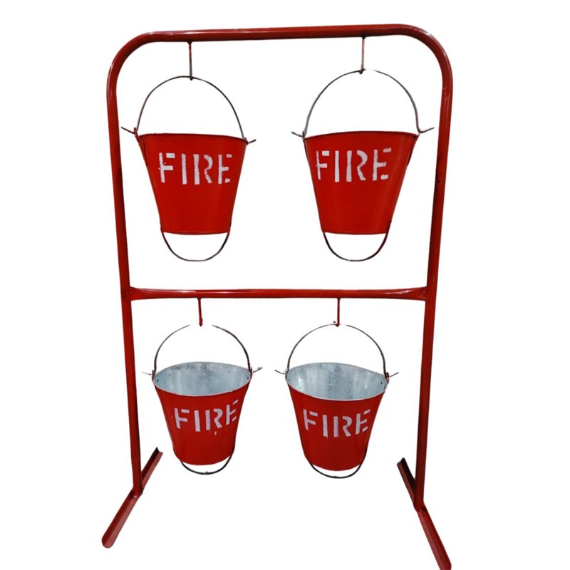 Fire bucket stand holding multiple fire buckets for emergency fire response
