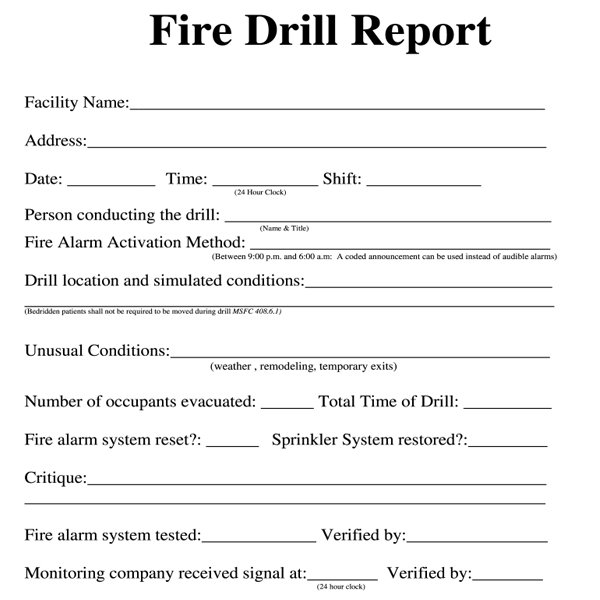 Fire drill report, attendance sheet and participant certificates for training session.