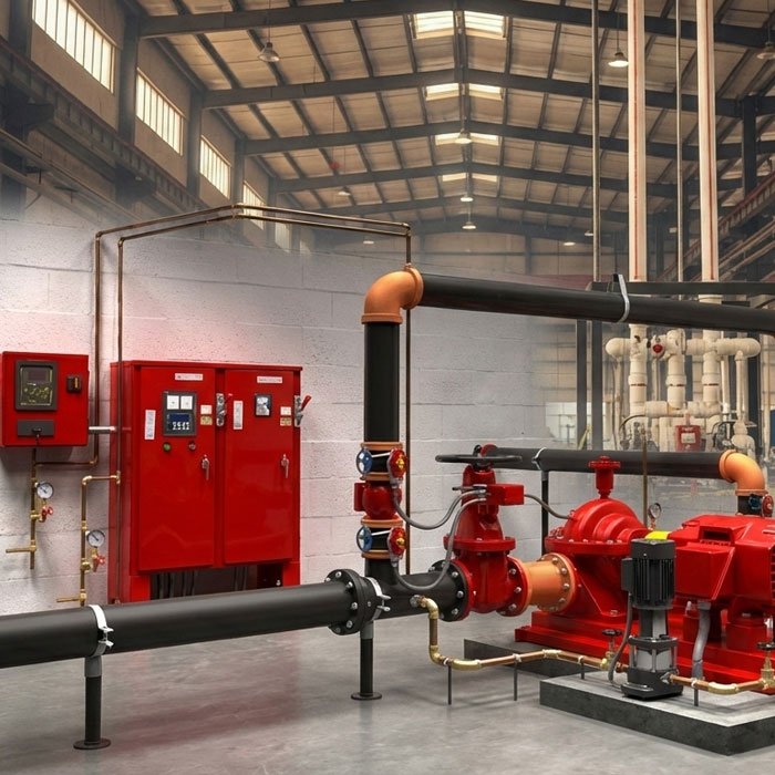 Fire alarm testing, fire pump flow testing, and sprinkler zone testing during commissioning.