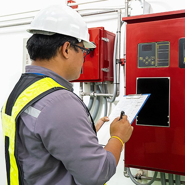 Commissioning engineers performing integrated fire system testing on site.