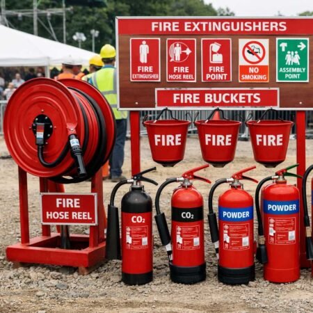 Fire safety equipment on rent installed at construction site and event venue