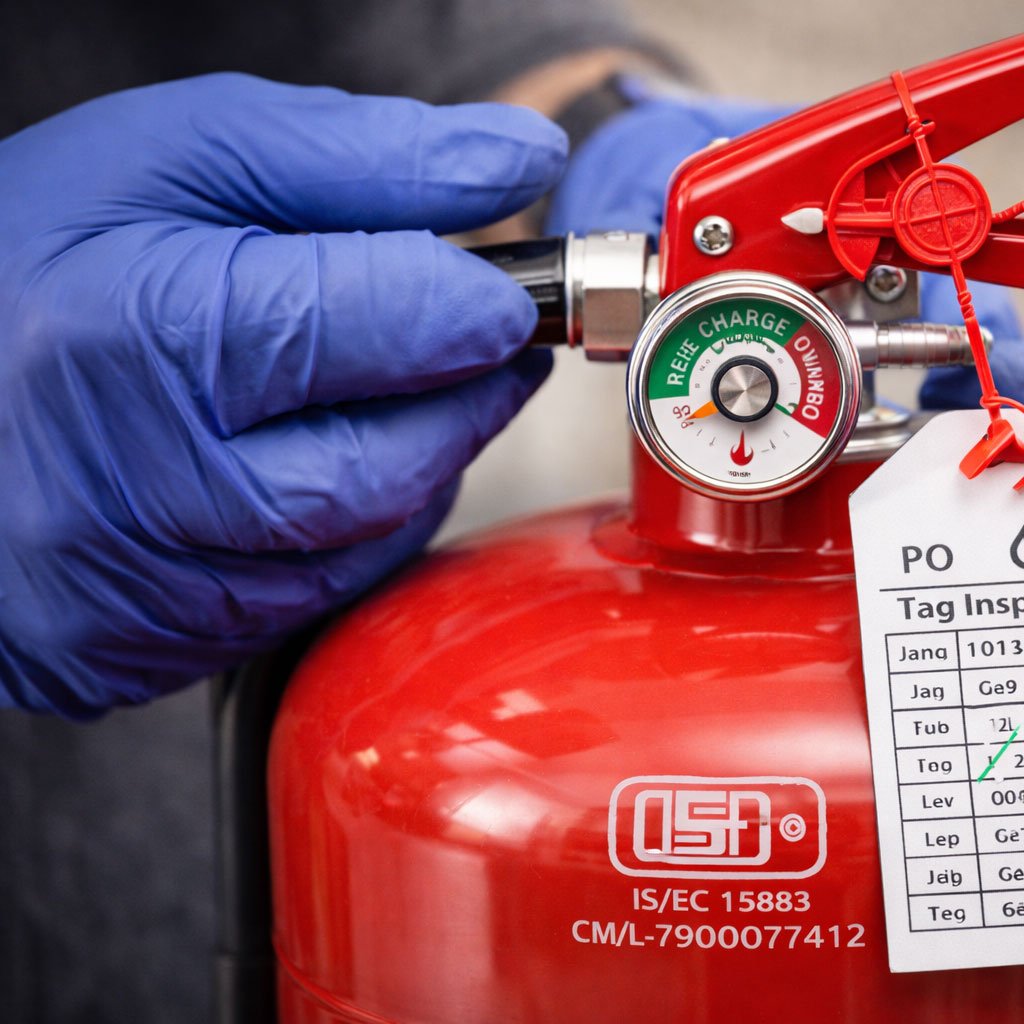 Fire extinguisher inspection tag and pressure gauge for rental compliance