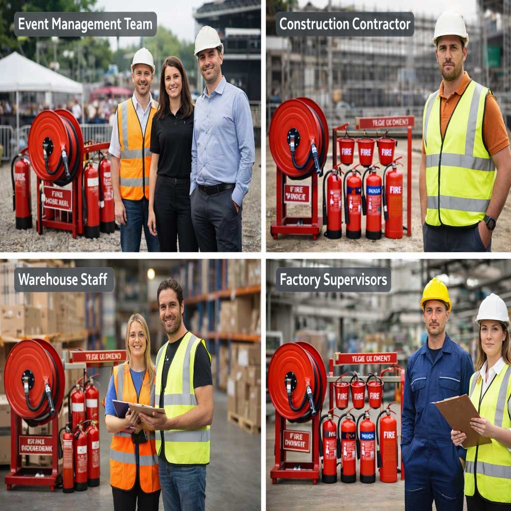 Event site, construction project and industrial facility using fire safety equipment on rent