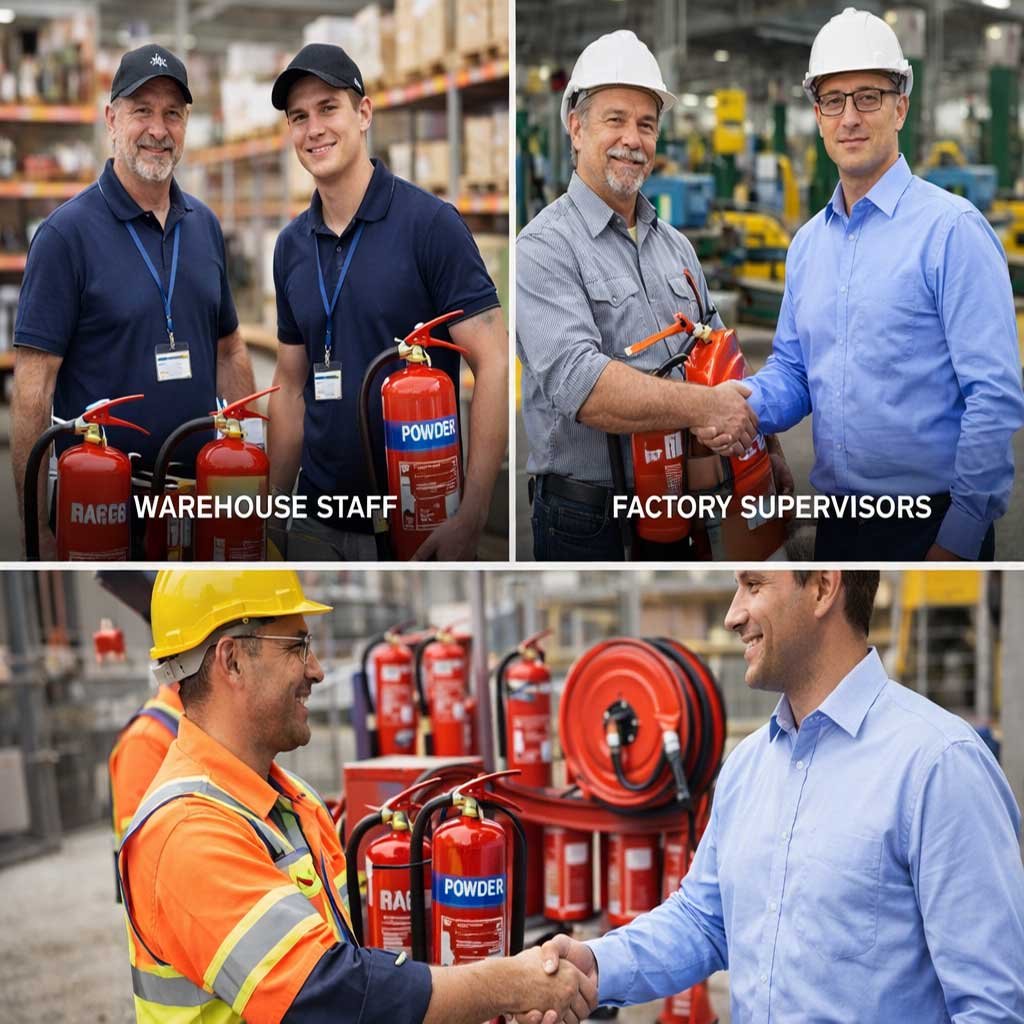 Fire safety team delivering and installing rental firefighting equipment